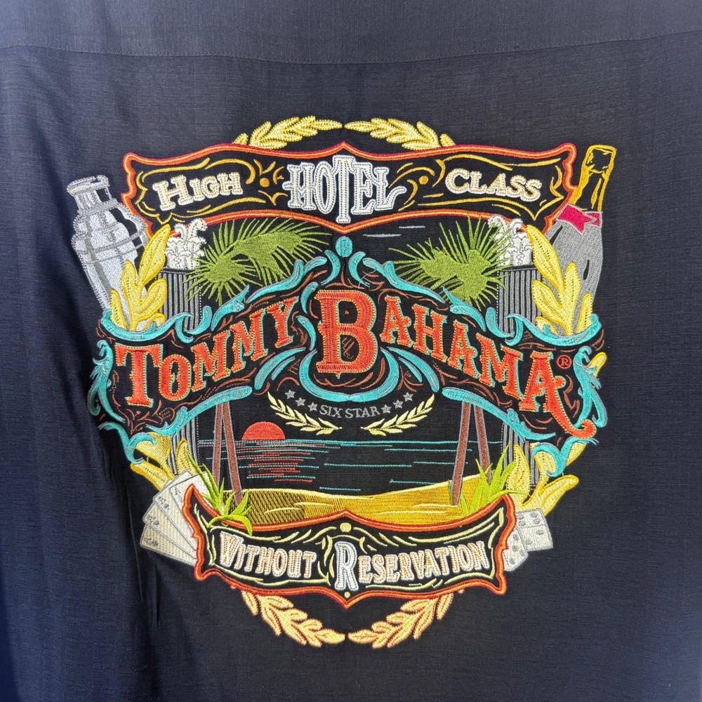 Tommy Bahama Mens L Black Silk Hotel Class Without Reservation Camp Shirt S/S